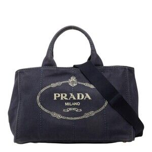 Prada Triangle Logo Plate Canapa Medium Handbag Shoulder Bag 2WAY BN2642 Navy...